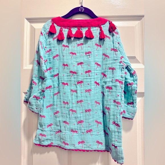MER ST BARTH Kids Sz 6 Teal Tunic Top with Pink Flamingo Print and Pink Tassels - Picture 3 of 5